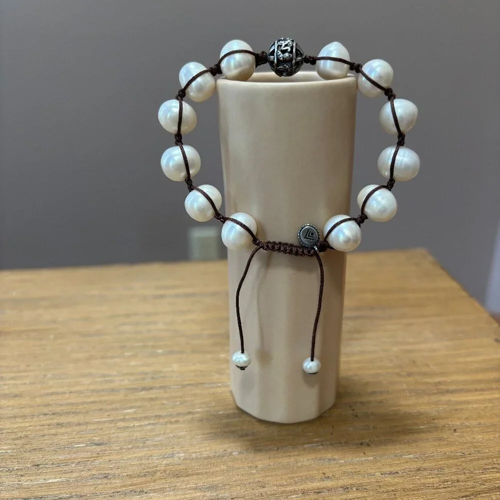 Silpada 925 Sterling Silver Rugged Pearl Brown Cord Adjustable Bracelet B2424 - Picture 1 of 3
